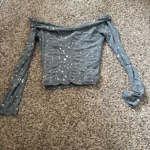 Motel Rocks Gray Off-Shoulder Top with Silver Sequin Accents